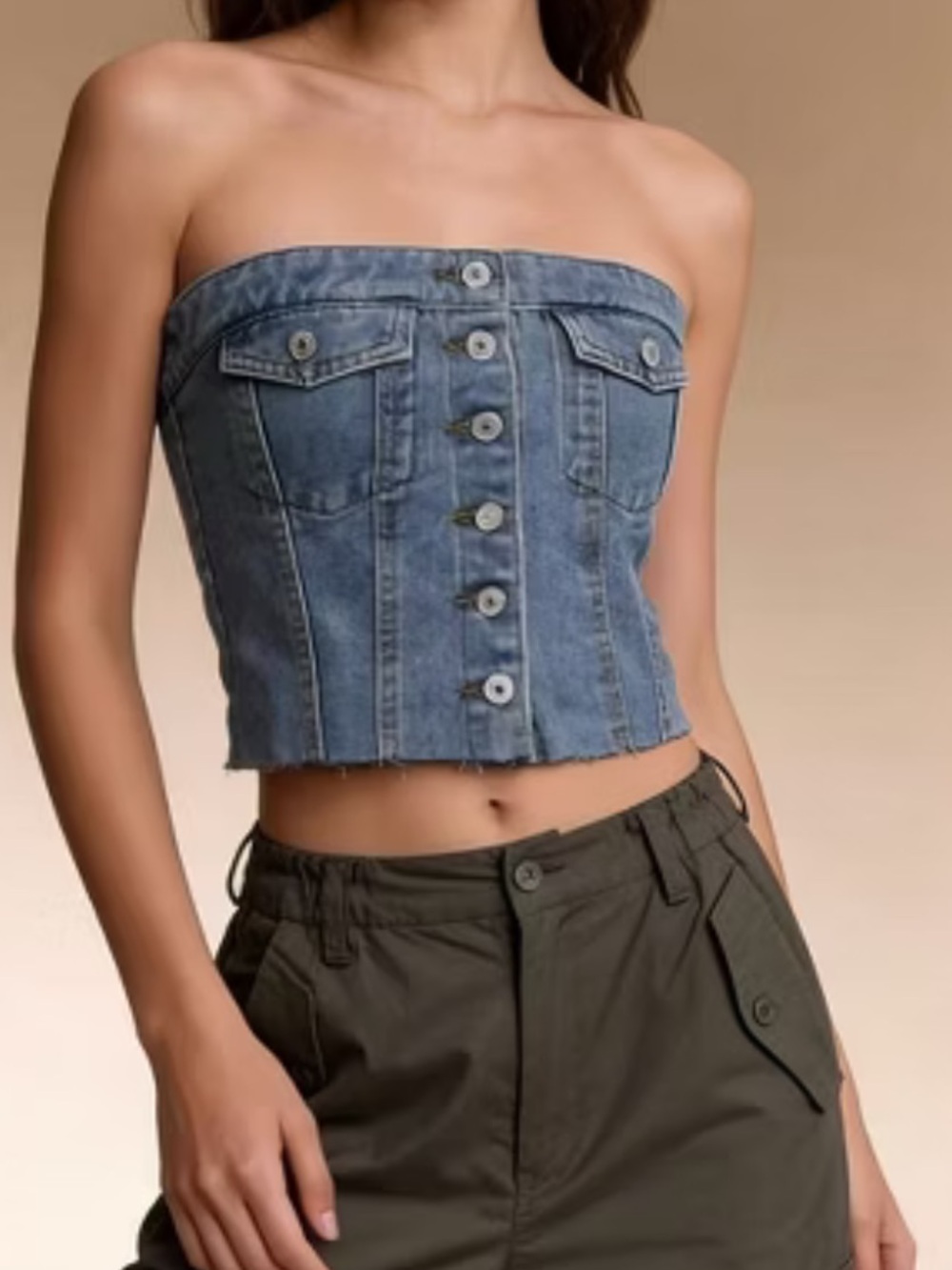 Denim Button-Front Strapless Crop Top